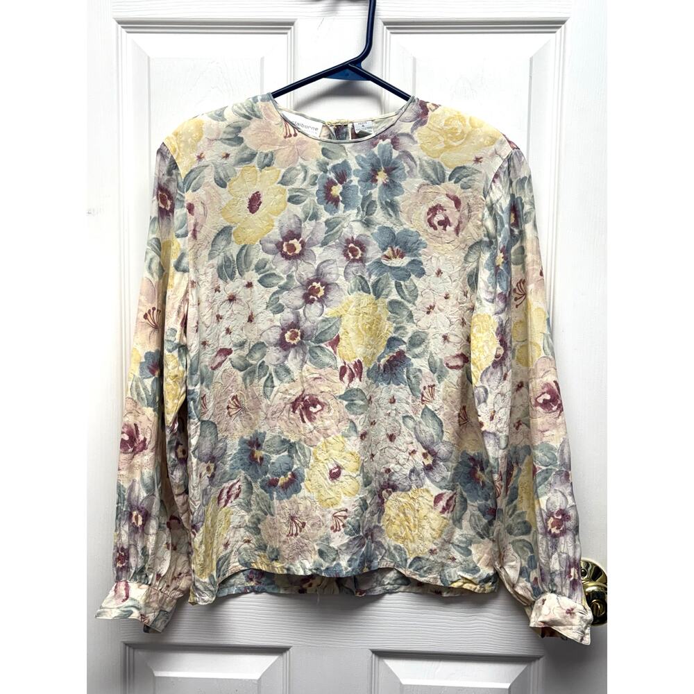 Liz Claiborne Petite Blouse Vintage Silk Floral Top Shoulder Pads Women’s Size 4